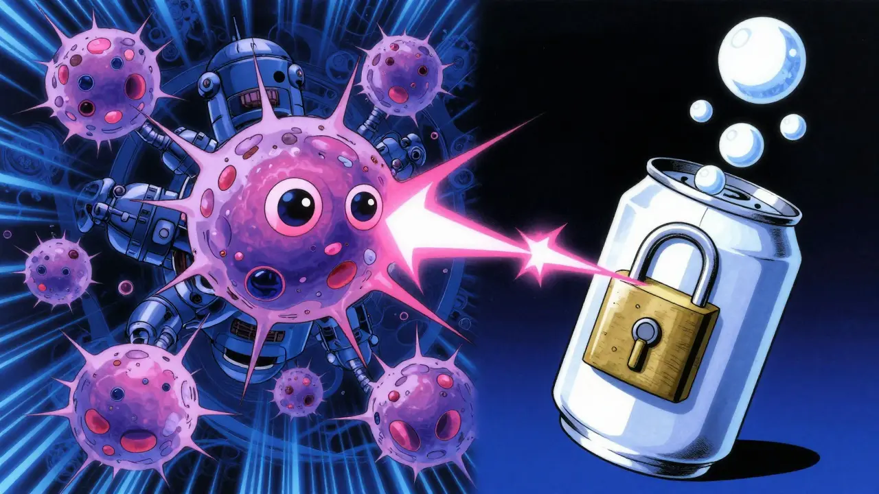 Stylized immune cells firing compared to slow fermentation bubbles.