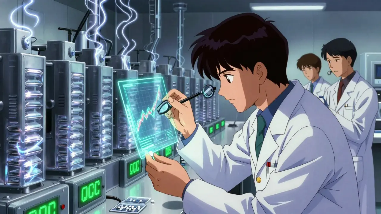Technicians inspecting tablets under a holographic bioequivalence graph in a cleanroom with automated packaging machines.