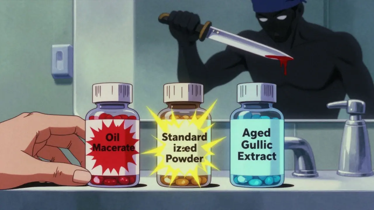 Three garlic supplement bottles with distinct visual energy levels, one glowing red and dangerous, another calm blue, on a bathroom counter.