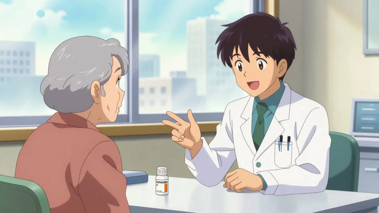 90s anime scene of a doctor and elderly patient discussing safe medication alternatives in a clinic