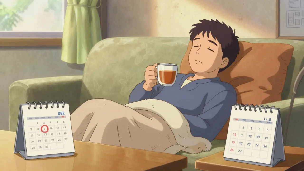 90s anime style adult resting at home with a marked calendar for their second vaccine dose.