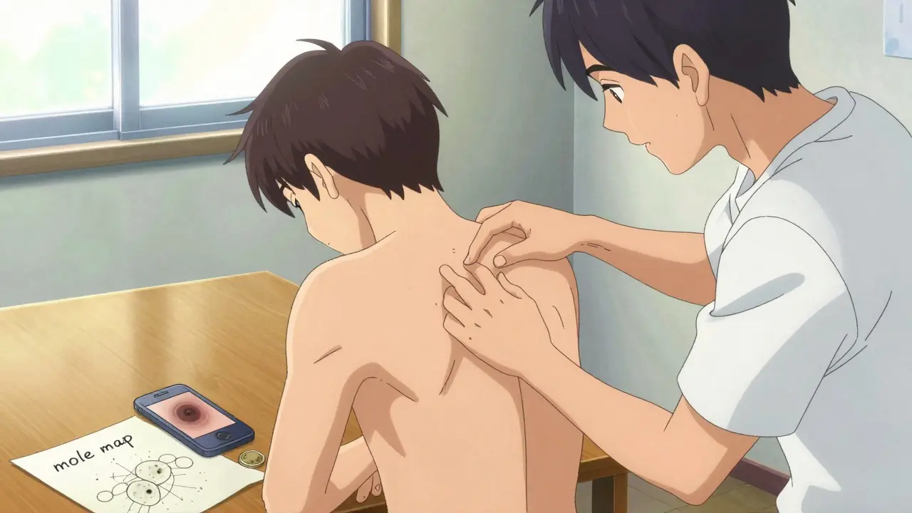 90s anime style friends helping each other with a skin check and a mole map