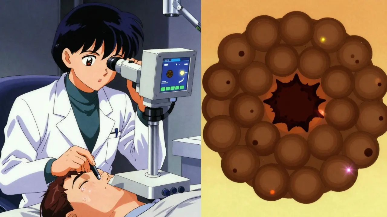 90s anime style split screen showing a dermoscope exam and a contrasting irregular mole