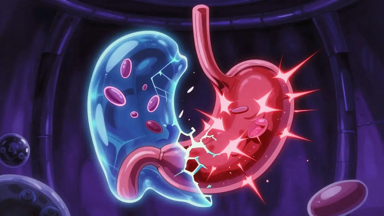 Anime conceptual art of a stomach lining shield being broken by red sparks and floating platelets