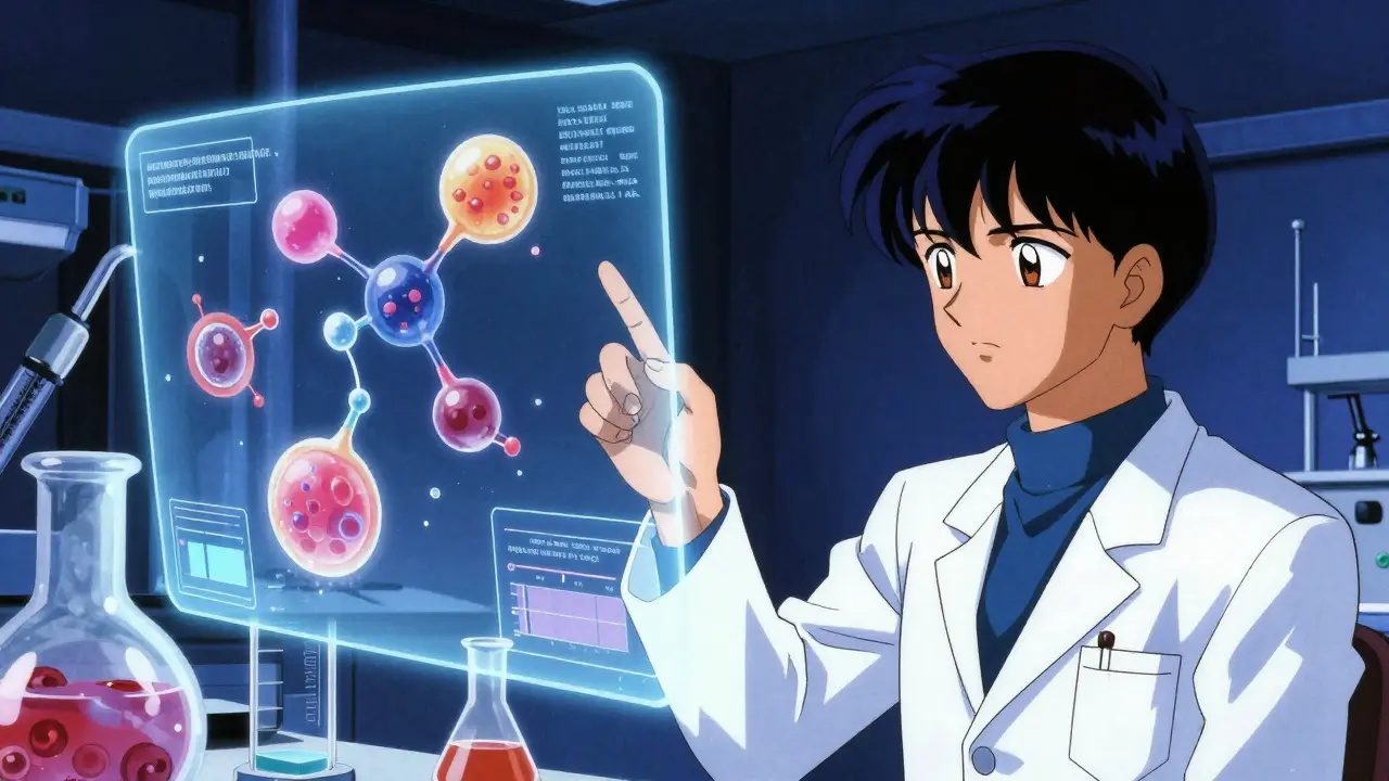 Anime depiction of complex biologic molecular structures in a high-tech lab