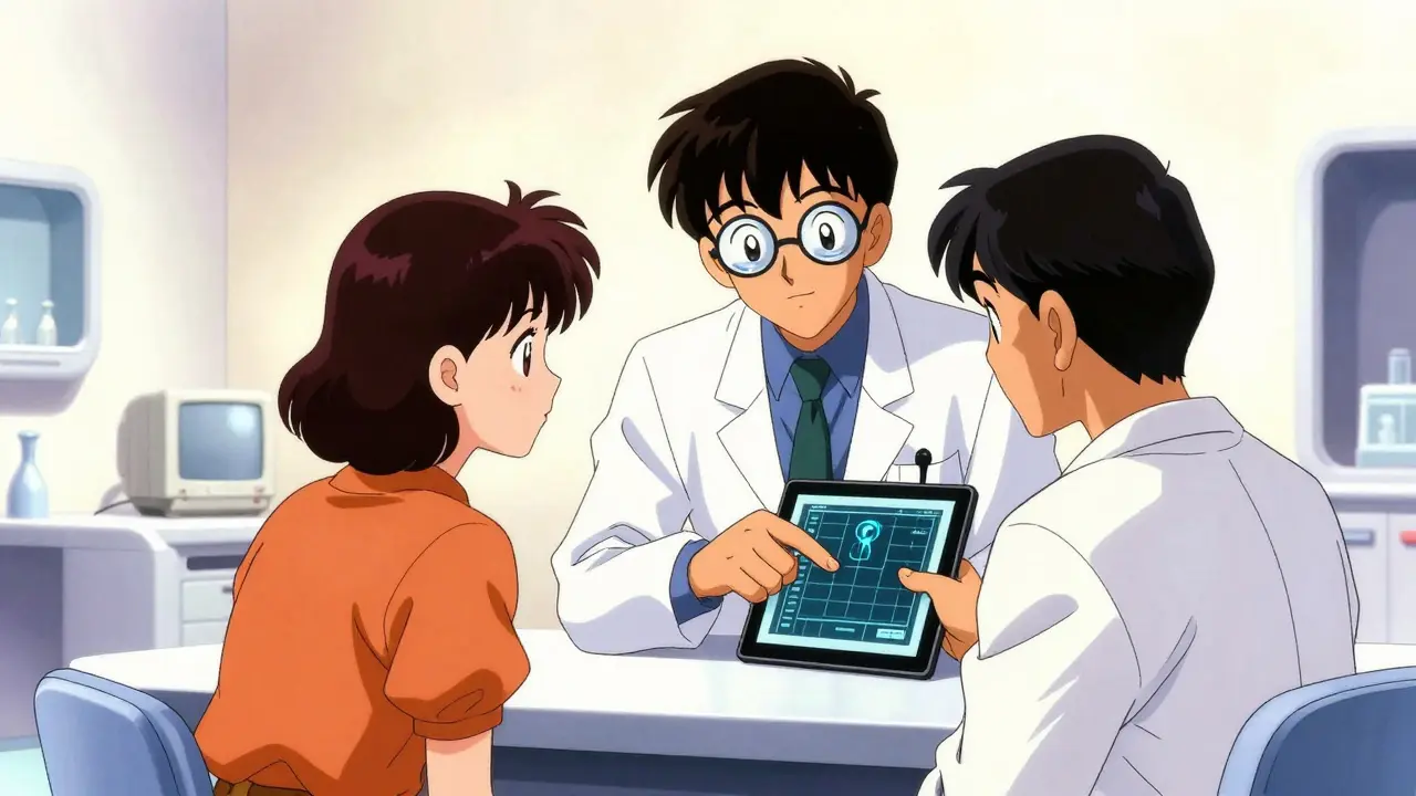 Anime doctor and patient discussing medication safety profiles in a futuristic clinic