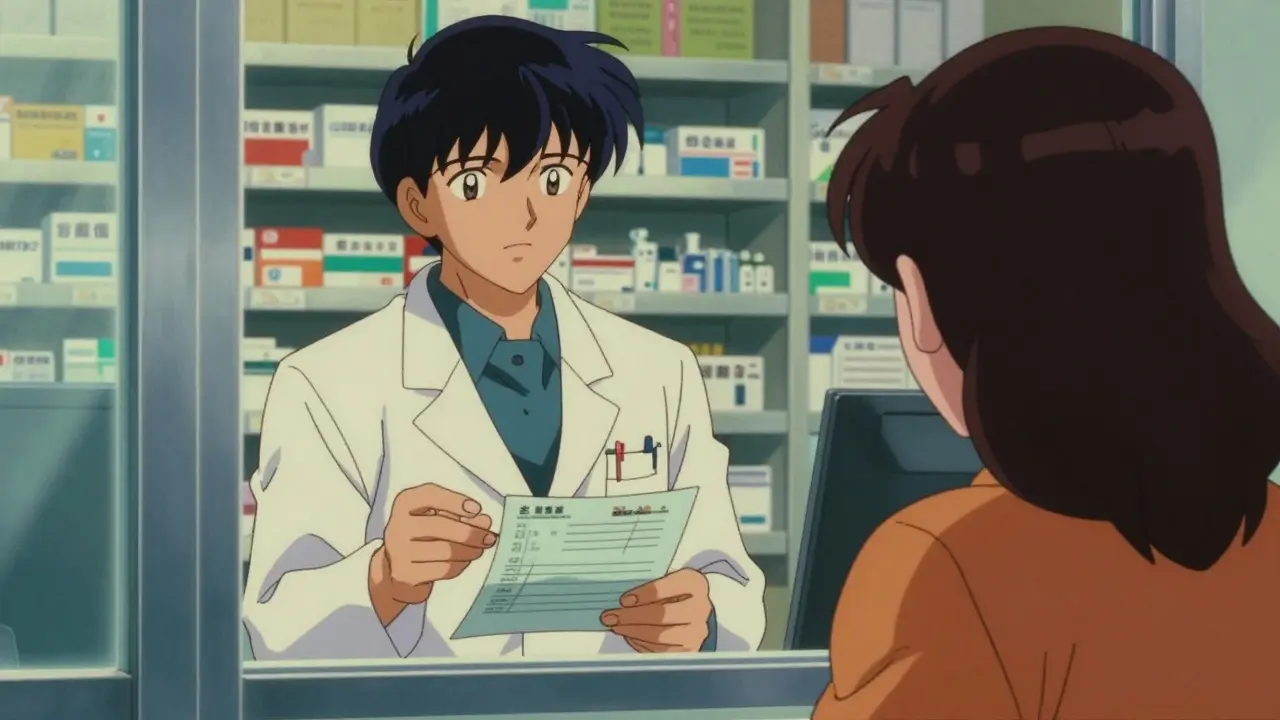 Anime pharmacist discussing a prescription and generic drug substitution with a patient