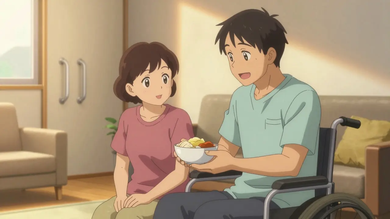 Caregiver supporting a patient in a wheelchair in a safe home environment