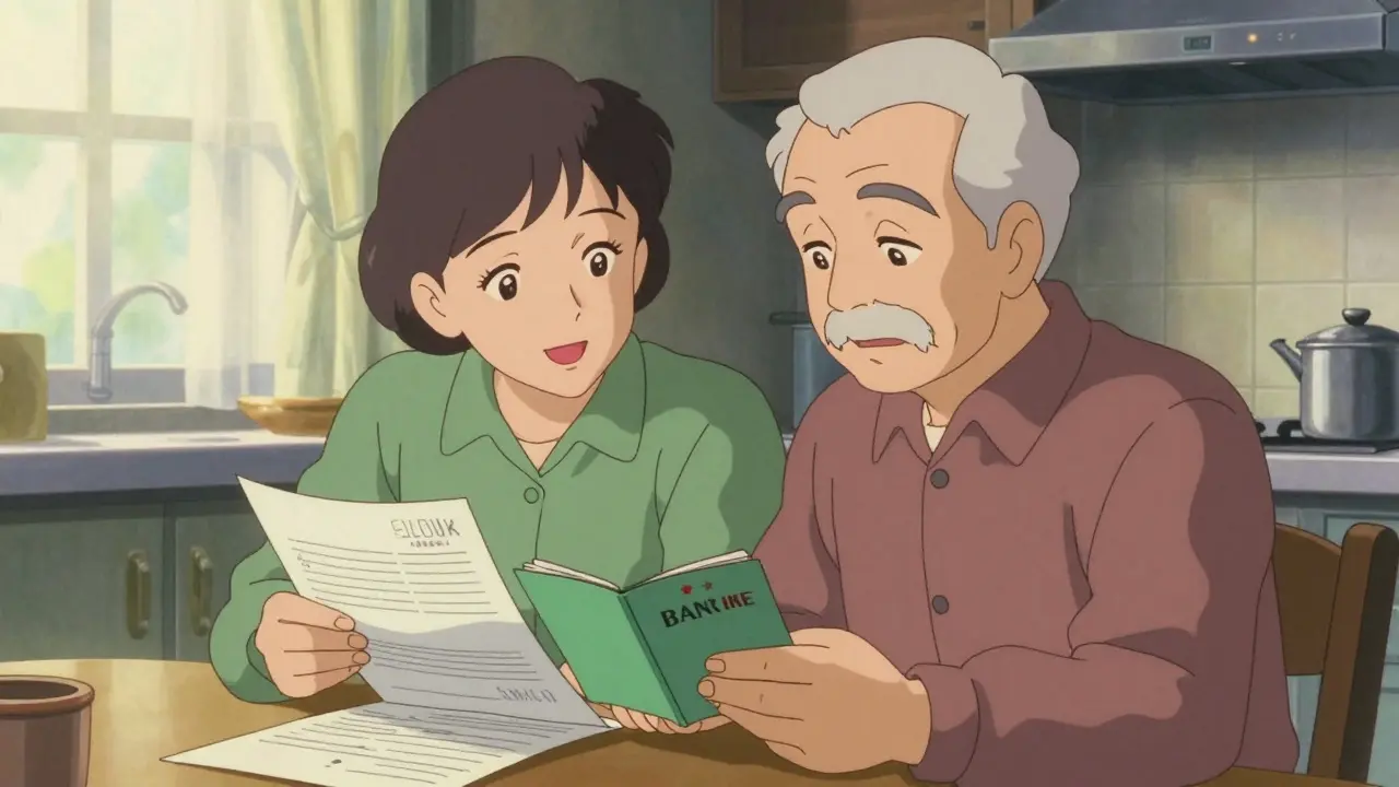 Elderly couple reviewing financial documents at a sunlit table in 90s anime style
