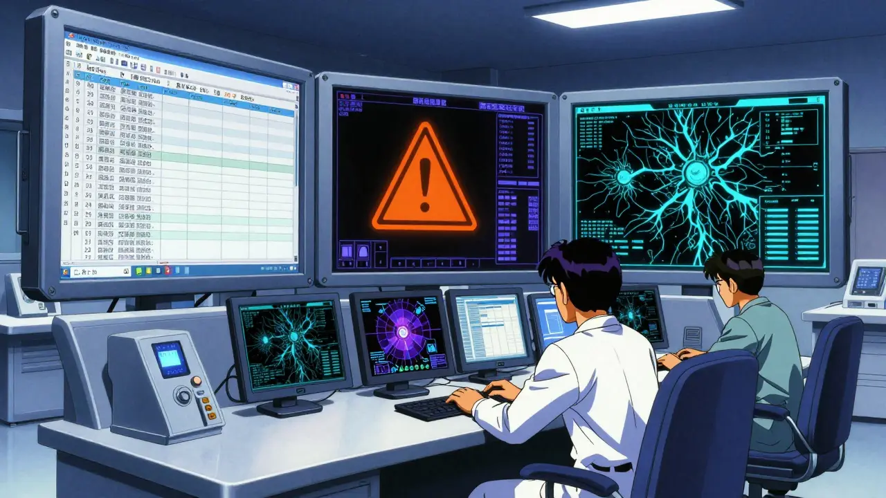 Healthcare professional monitoring drug safety data on retro-futuristic screens.