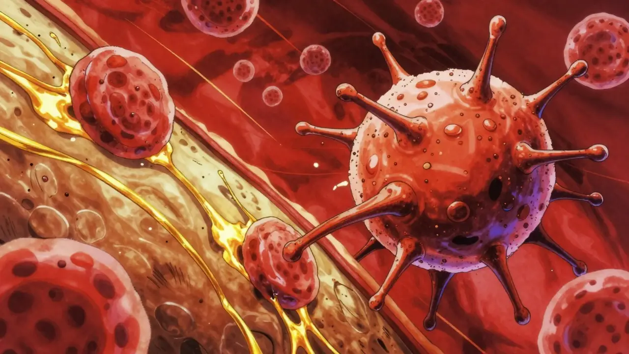 Microscopic view of a lipoprotein particle with hooks attaching to an artery wall.