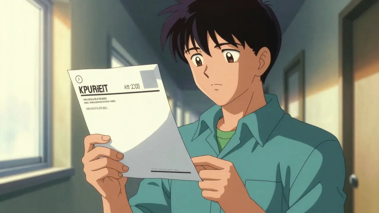 Person carefully reading an official letter in a sunny hallway in 90s anime style