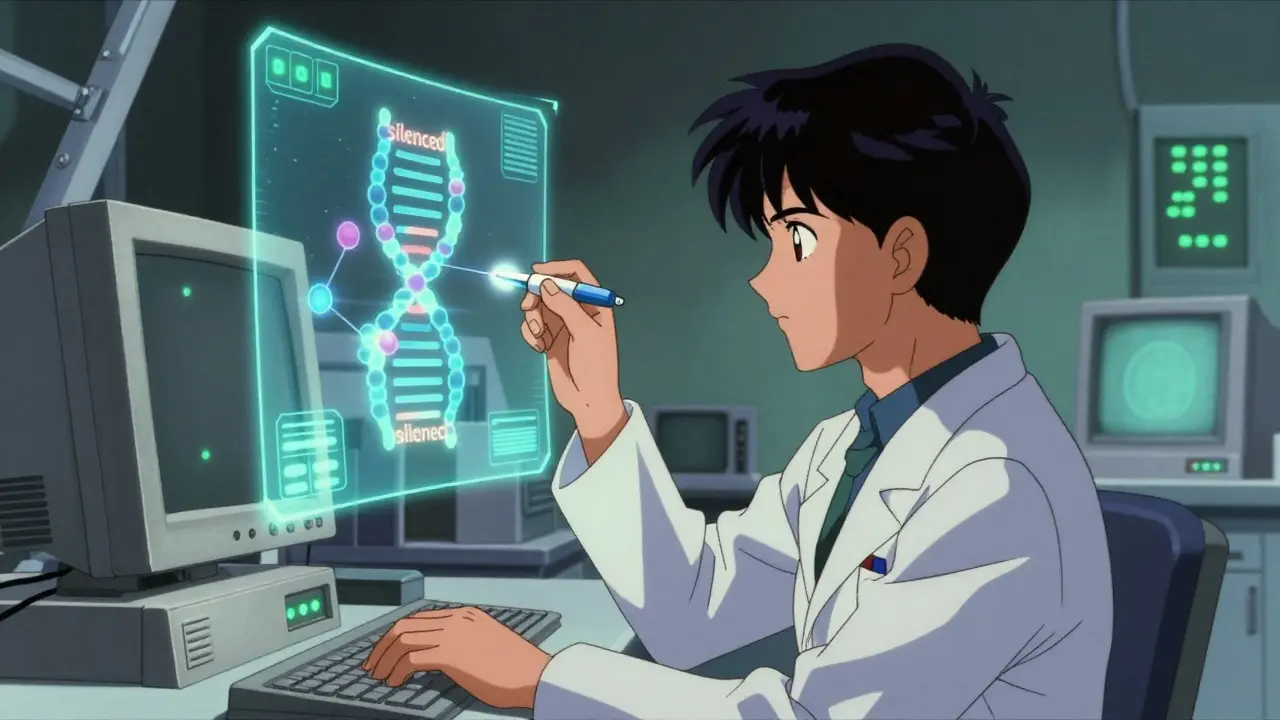 Scientist in a retro-futuristic lab viewing a holographic gene silencing process.