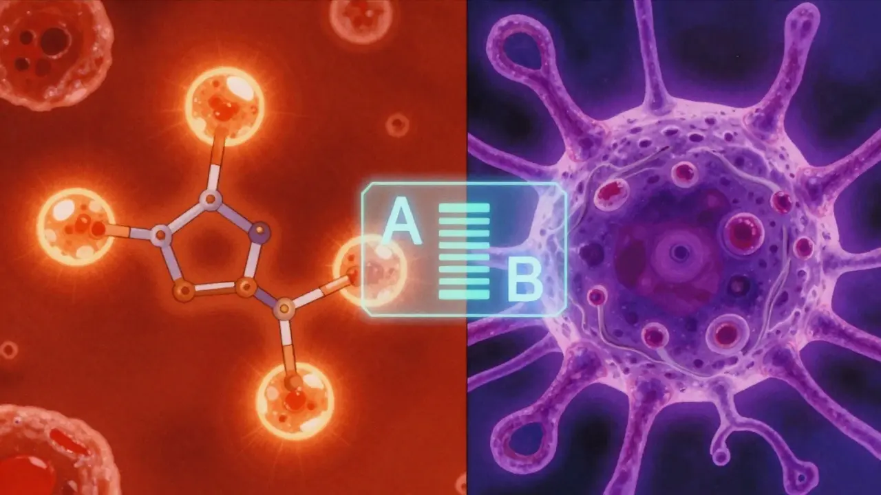 Split screen showing a chemical molecule in orange and a biological cell in purple.