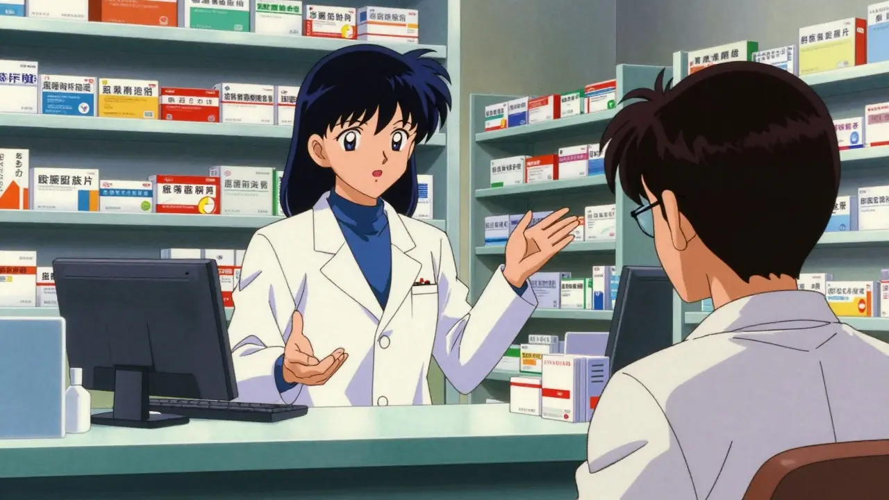 90s anime scene of a pharmacist explaining medication options to a patient