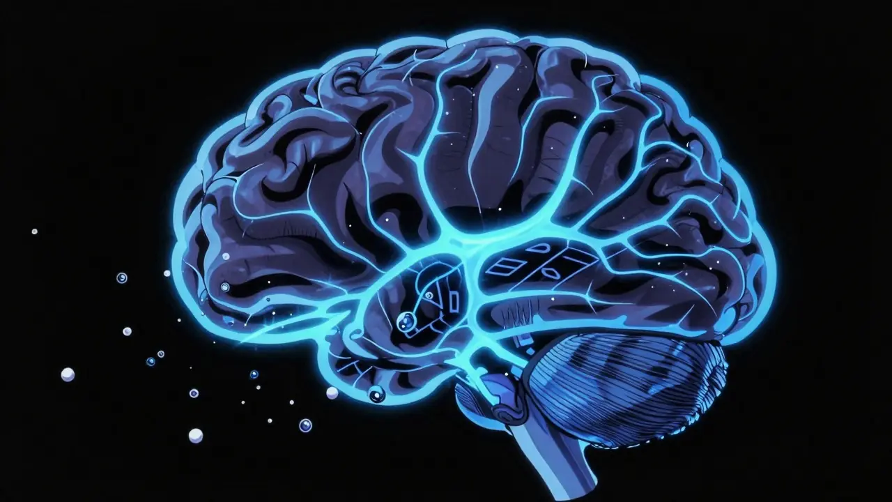 Abstract brain illustration showing dopamine loss and neural pathways in 90s anime.