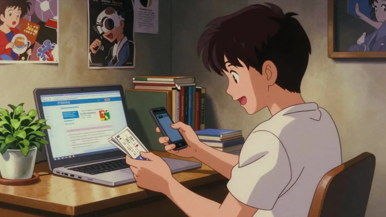 Anime character happily checking phone coupons for cheap medication savings