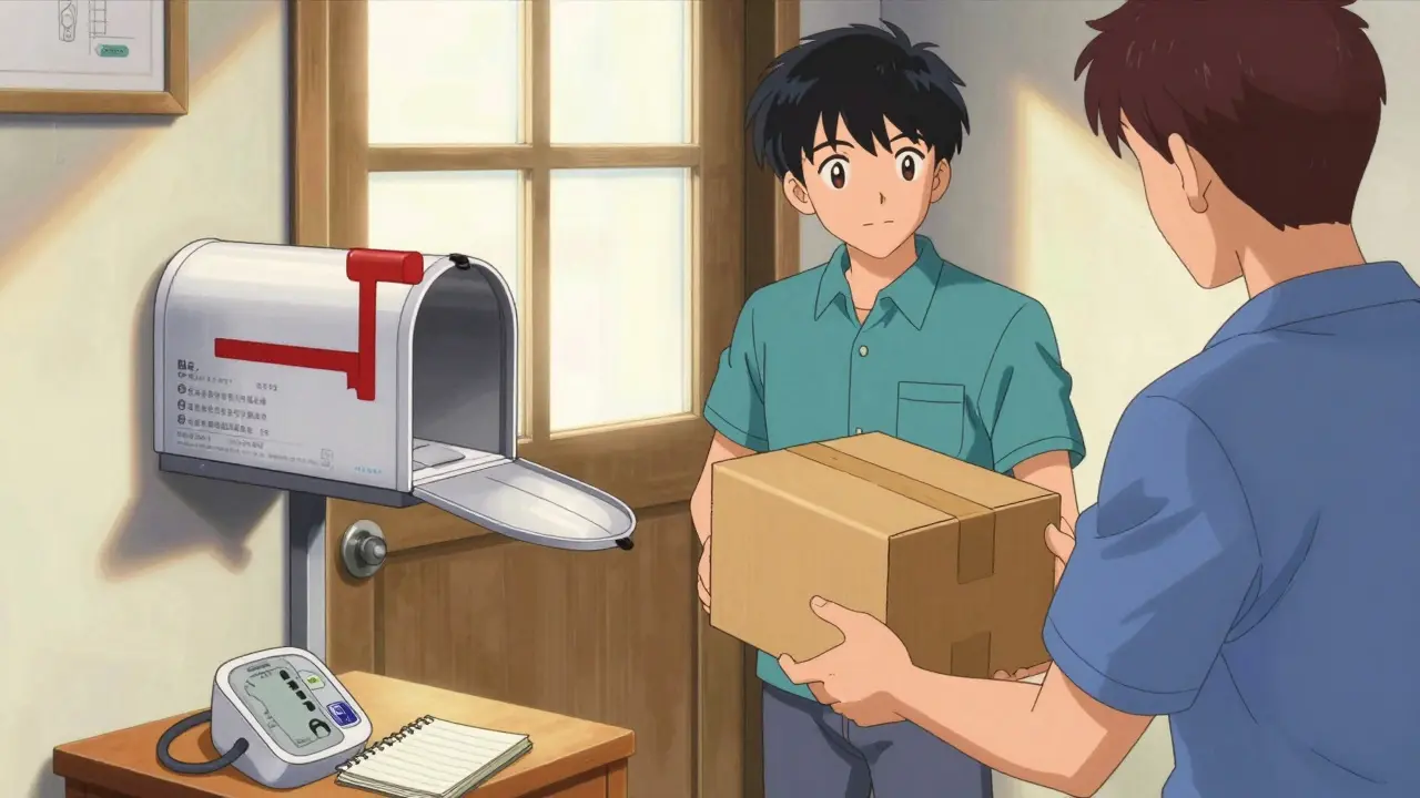 Anime character receiving a secure medication delivery package at home