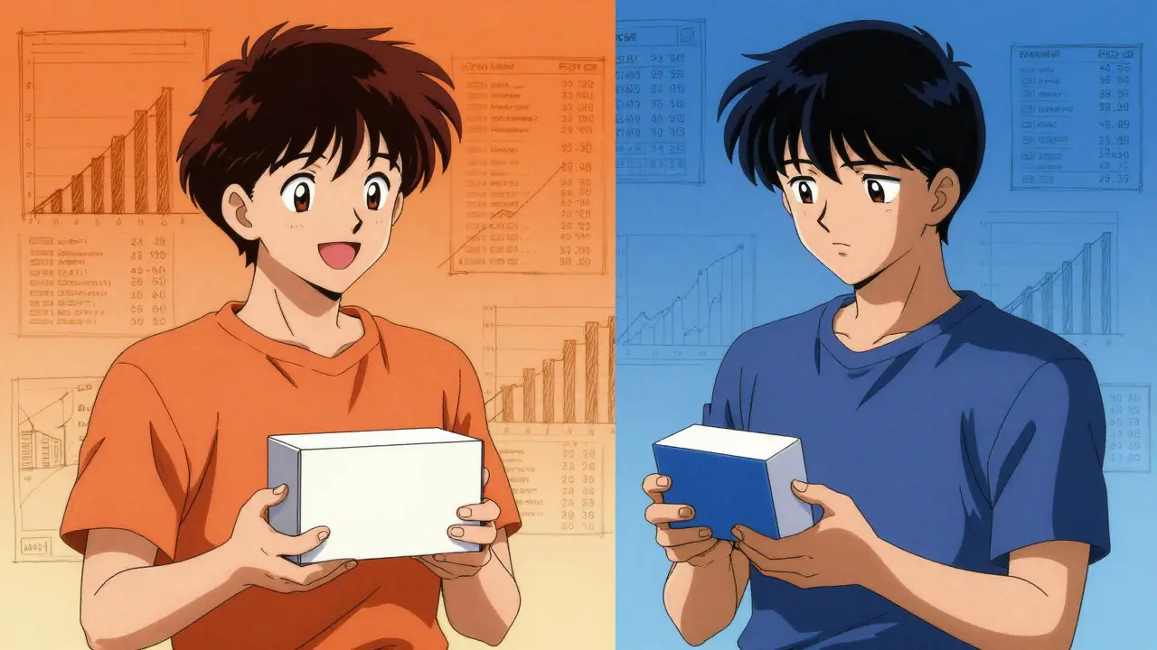 Anime illustration contrasting patient satisfaction with different generic drugs