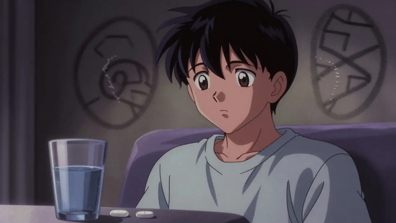 Anxious anime patient contemplating immunosuppressant pills