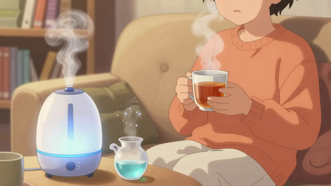 Character relaxing with tea and humidifier for sinus relief in warm anime style