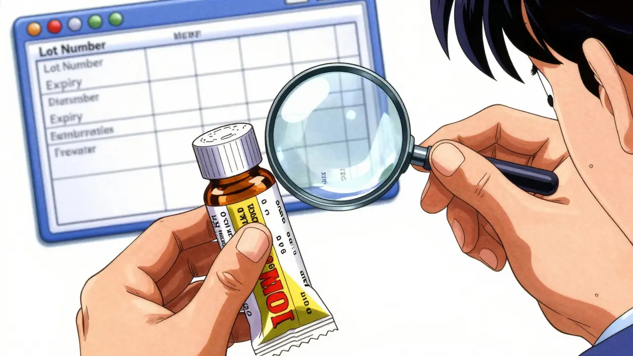 Close-up of hands checking lot numbers and expiration dates on sample products with a magnifier.