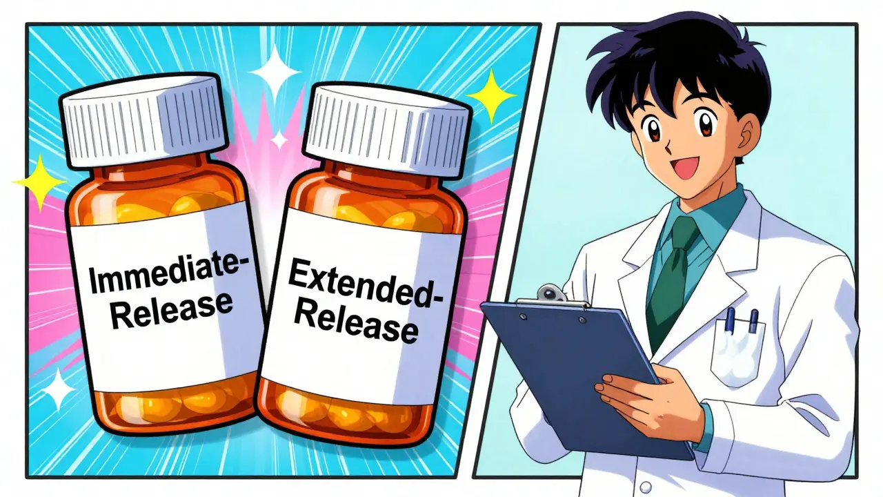 Comparison of immediate vs extended release pills in 90s anime style