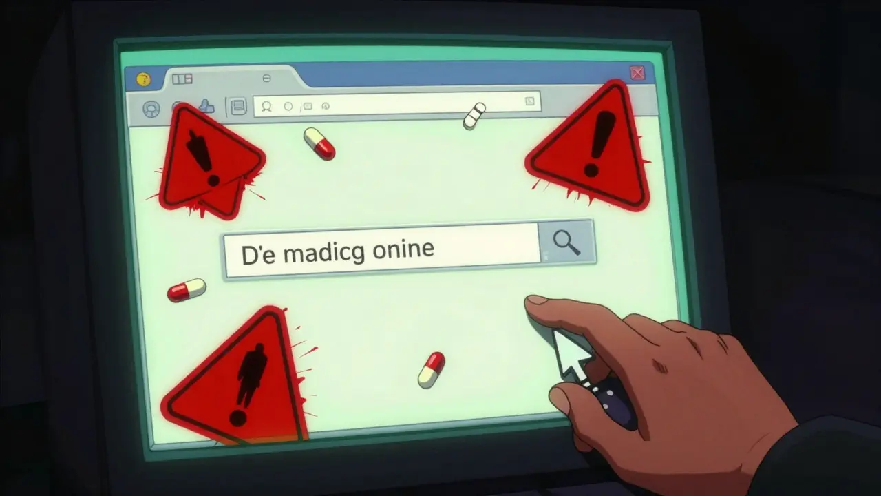 Dark anime scene of risky online drug shopping with warning signs