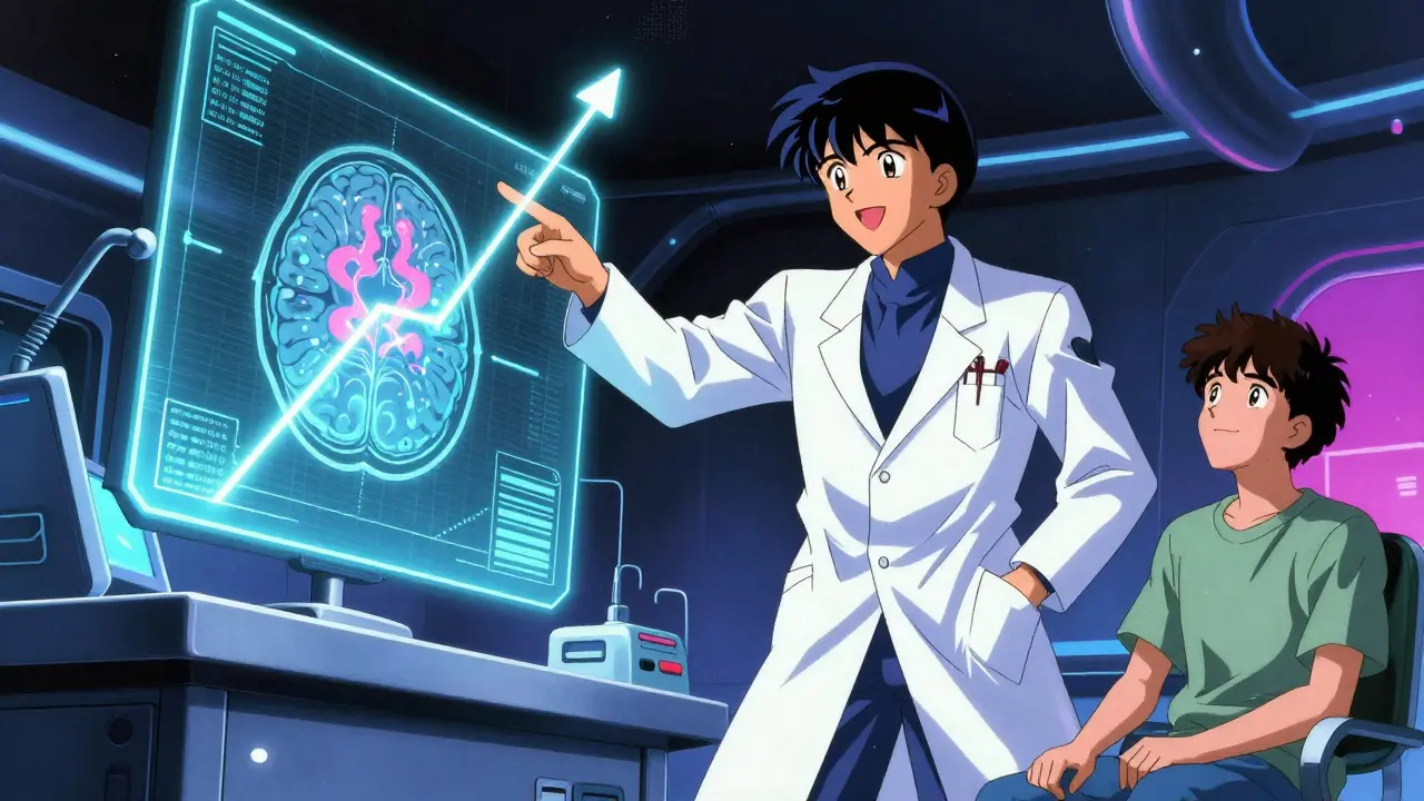 Doctor reviewing hopeful brain scan results in anime lab