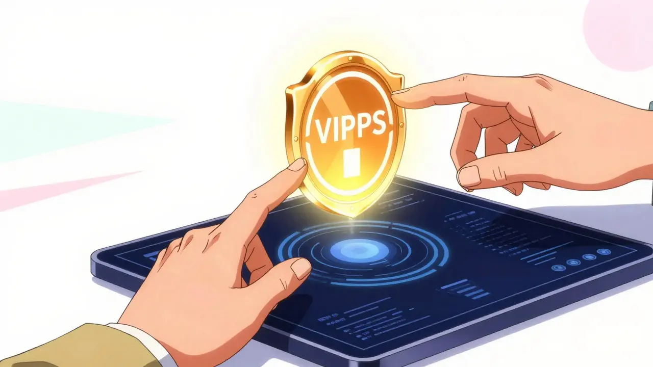 Glowing VIPPS accreditation seal symbolizing safe online pharmacy verification