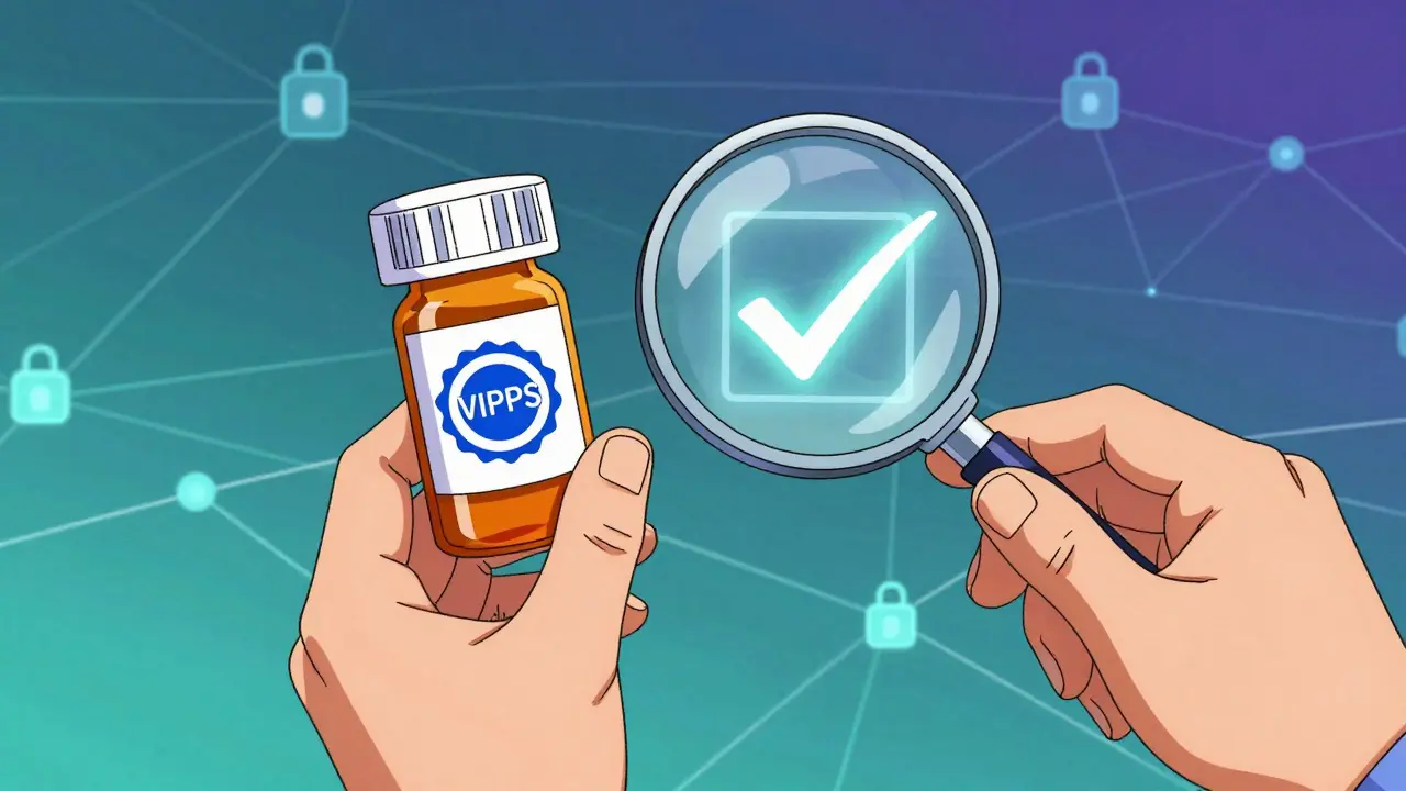 Hands verifying safe online pharmacy credentials with a magnifying glass