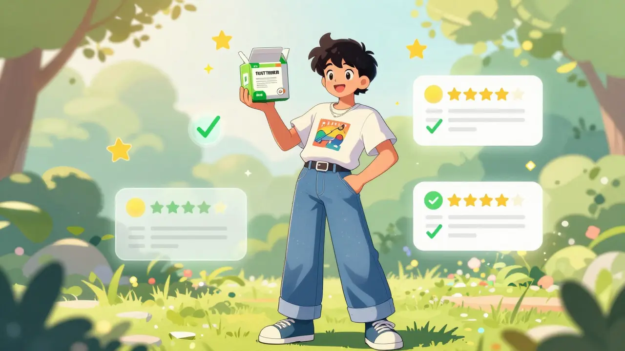 Happy anime character holding a fresh product box with floating checkmarks in a sunny garden.