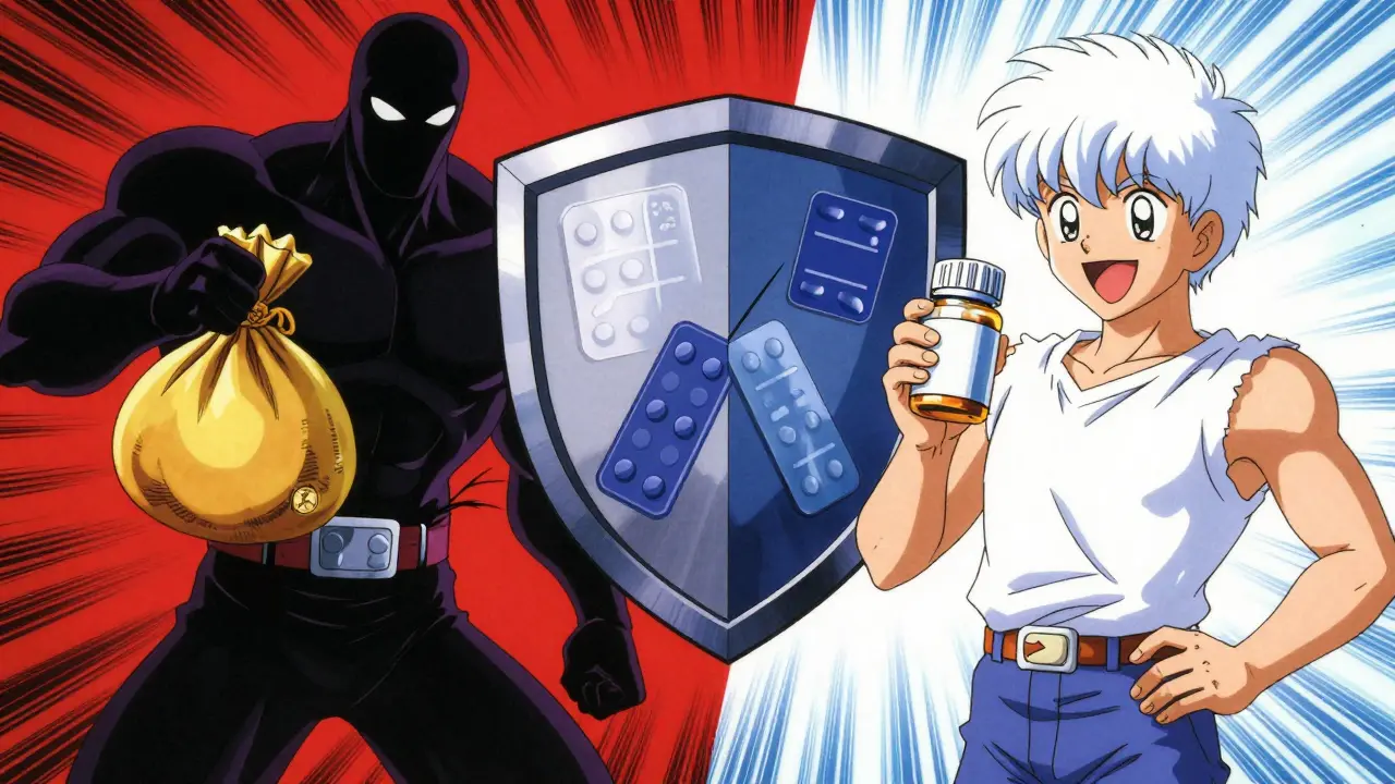 Manga-style comparison of expensive brand vs safe generic medication costs