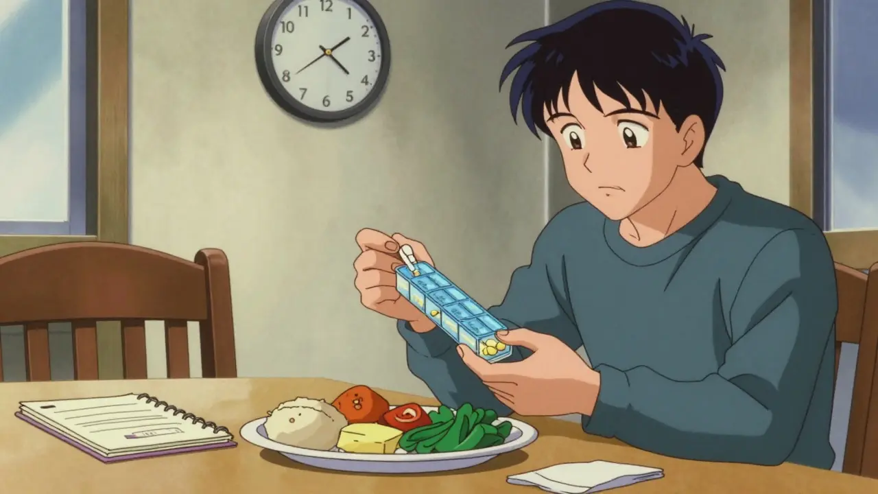 Patient managing medication and meal timing with a clock in 90s anime style.