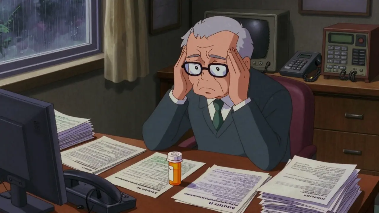 Senior citizen stressed by insurance paperwork at desk