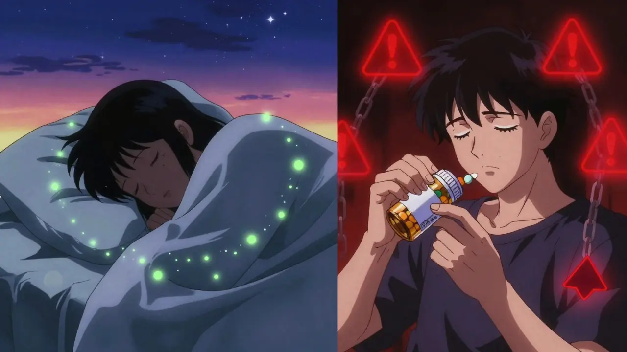 Split anime illustration contrasting peaceful natural sleep on the left with medication dependency on the right.