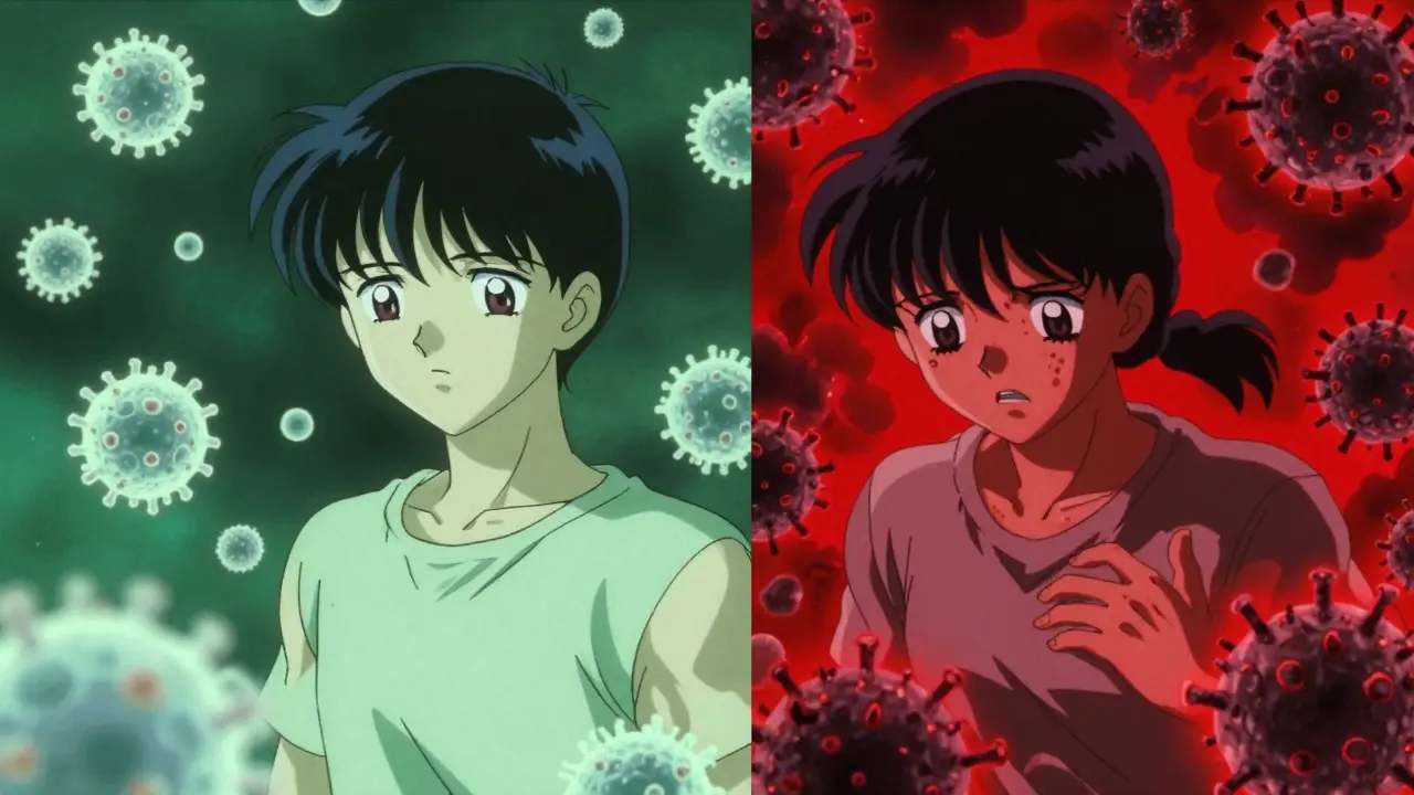 Split screen anime art showing calm viral symptoms vs severe bacterial infection