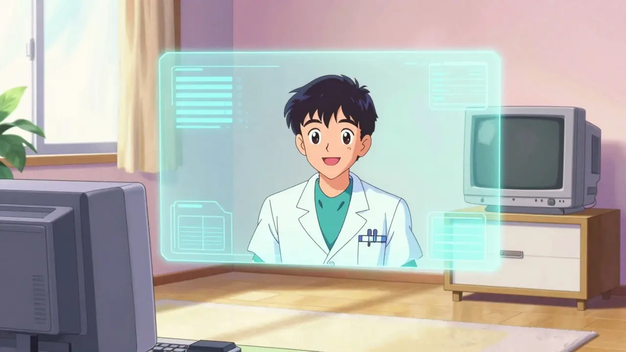90s anime style holographic doctor consultation on a screen in a bright room.