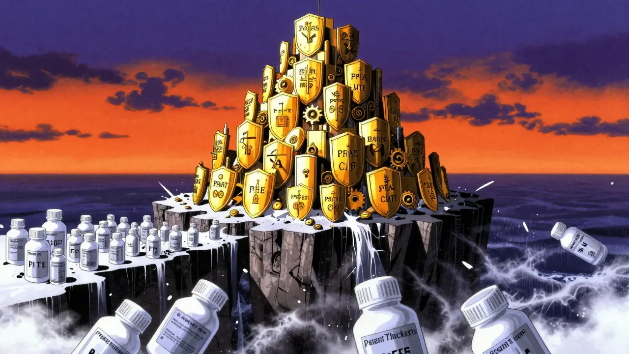 90s anime style illustration of a fortress of patents on a cliff edge, facing a storm of generic drugs below.