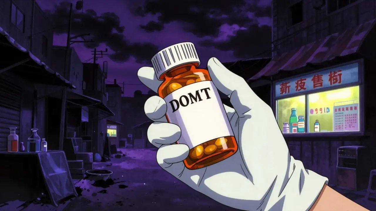 Anime illustration warning against fake meds in dark alley