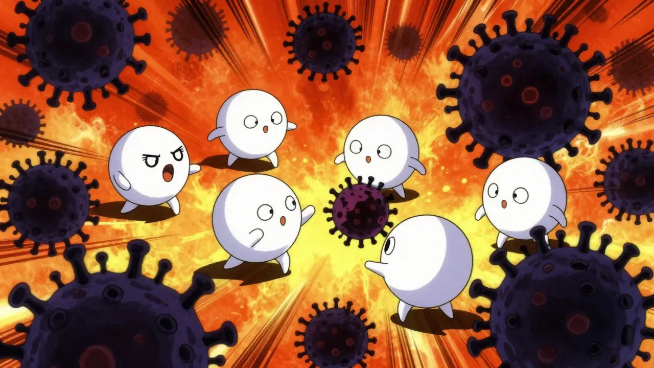 Anime immune cells fighting viruses in hot environment