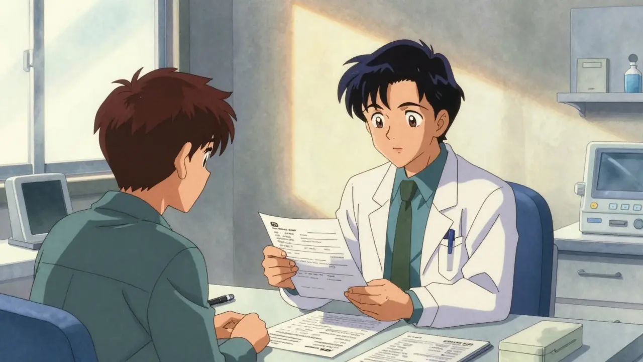 Anime patient consulting local doctor with prescription docs