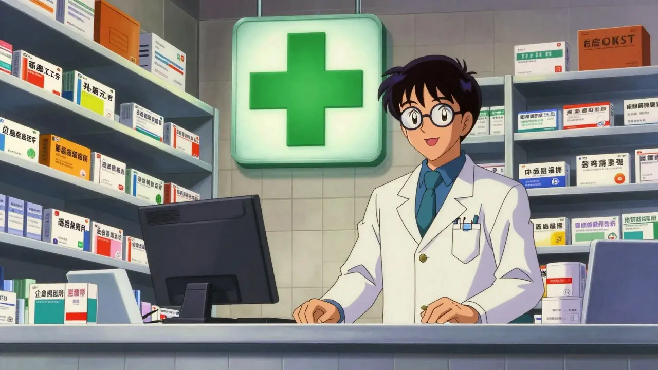 Bright, safe pharmacy interior with green cross sign in 90s anime art style