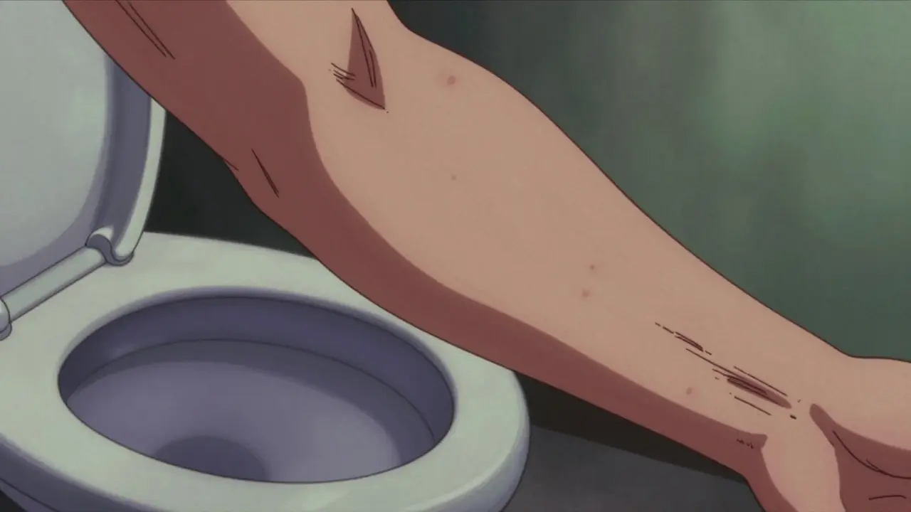 Close-up of bruised skin and petechiae in 90s anime art style