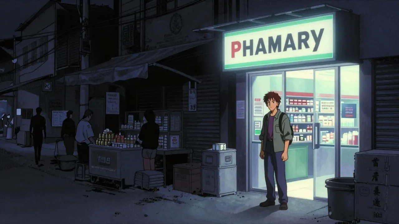 Contrast between dangerous street market and safe pharmacy in 90s anime style