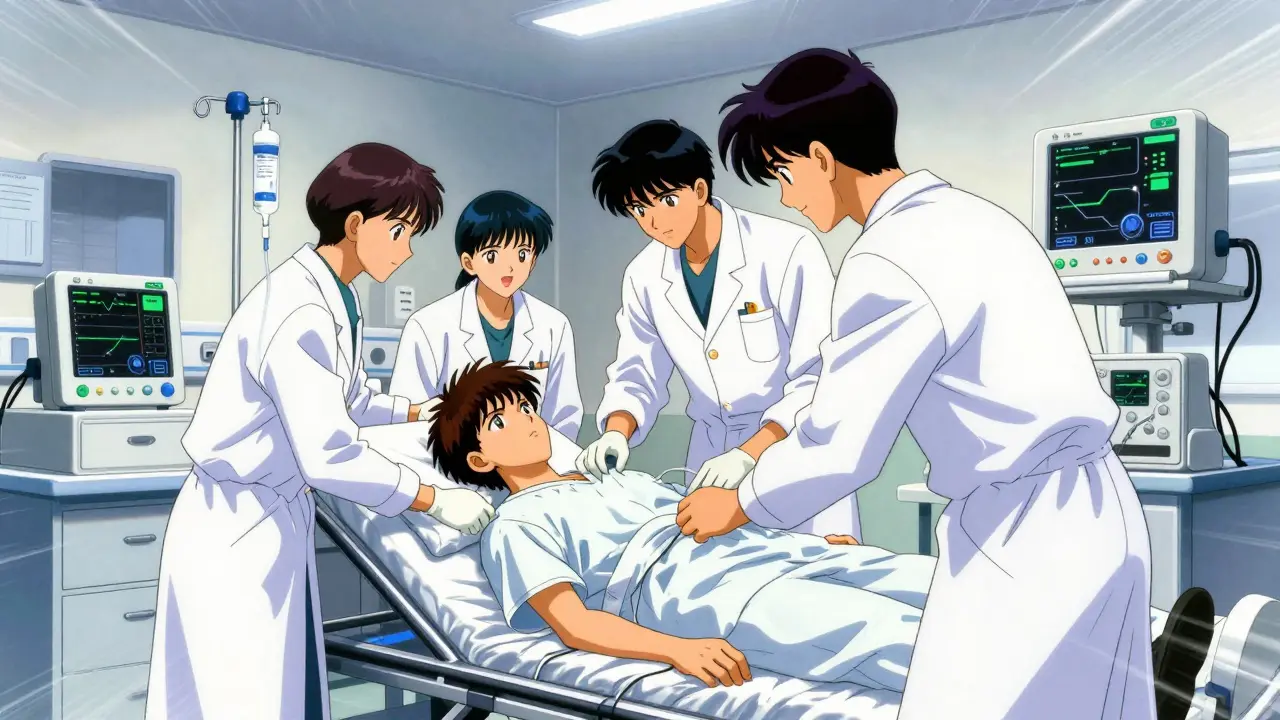 Doctors urgently treating a patient in a hospital ER scene