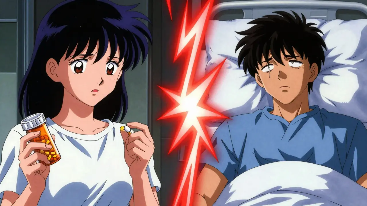 Dramatic 90s anime scene showing dangerous drug interactions and serotonin spikes.