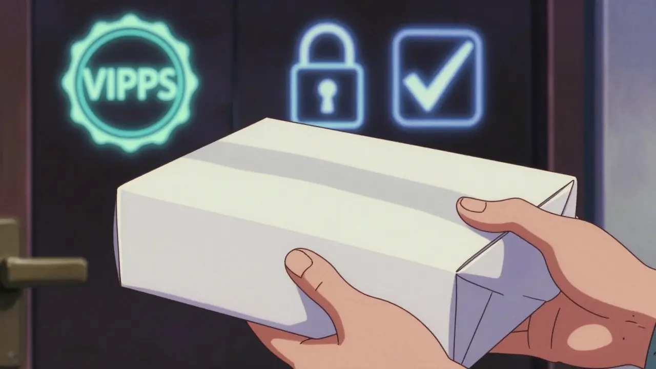 Hand holding a discreet medication package with safety icons in 90s anime style.