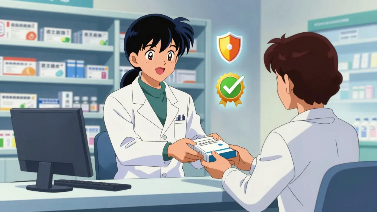 Pharmacist handing over secure medication package in anime style