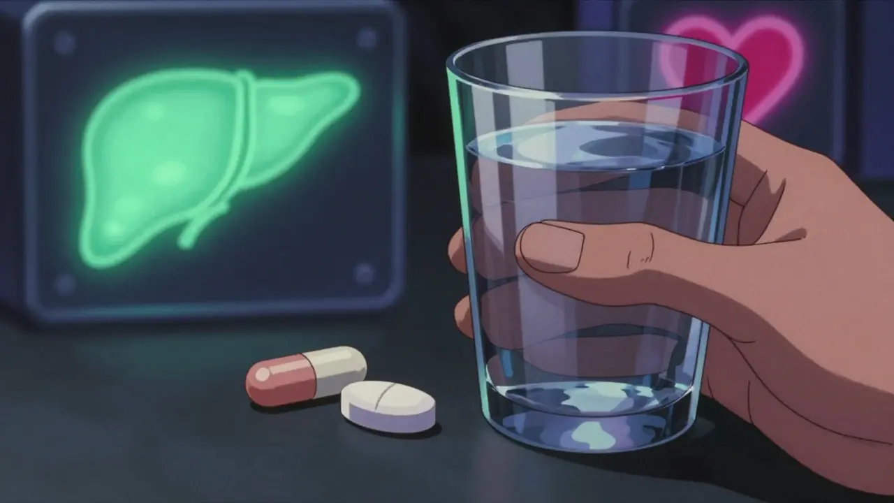 Pills and water highlighting liver and heart safety risks